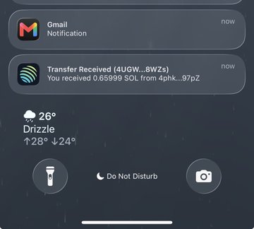 An iOS notification panel showing a Gmail notification and a cryptocurrency transfer received notification 'Transfer Received (4UGW...8WZs) You received 0.65999 SOL from 4phk...97pZ' along with weather information for Drizzle at 26°.