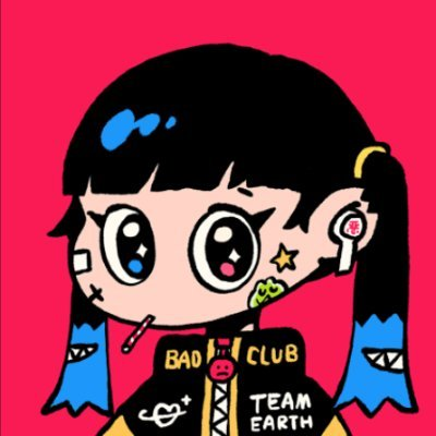 Animated-style character with bangs and large eyes wearing a shirt reading 'BAD CLUB TEAM EARTH' against a pink background.