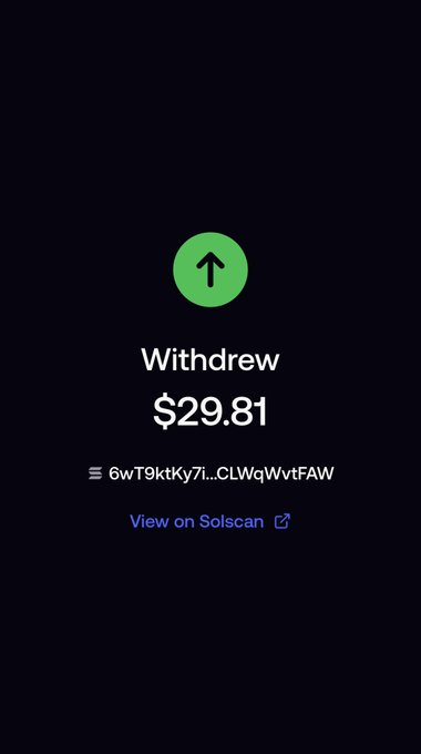 A dark mobile screen displays a withdrawal confirmation for $29.81 with a green up arrow icon and a Solana transaction signature link.