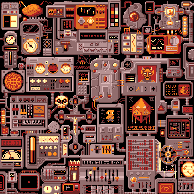 A dense, colorful pixel art illustration featuring various sci-fi and gaming motifs, including control panels, dials, a skull, a skull-headed character, and a central screen displaying a fiery figure.