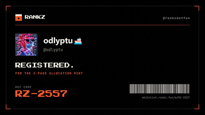 A digital registration card for RANKZ showing 'REGISTERED. FOR THE Z-PASS ALLOCATION MINT' for user 'odlyptu' with reference code RZ-2557 and the URL whitelist.rankz.fun/m/RZ-2557.