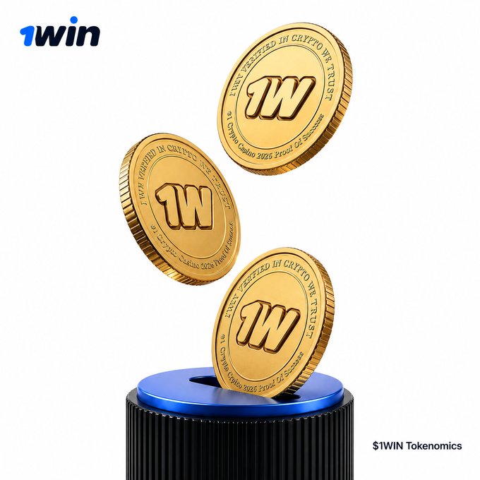 Promotional graphic for 1WIN showing three golden coins stamped with the '1W' logo and 'VERIFIED IN CRYPTO WE TRUST' floating above a blue and black pedestal, labeled '$1WIN Tokenomics'.
