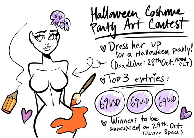 A hand-drawn illustration advertises a 'Halloween Costume Party Art Contest' with a deadline of October 28th noon CET, offering $69 USD prizes to the top 3 entries to be announced on October 29th.