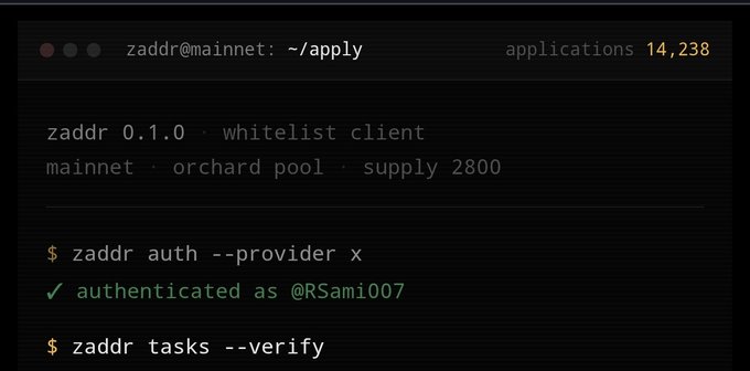 A terminal window running "zaddr 0.1.0 - whitelist client" on mainnet, showing authentication confirmed as @RSami007 and a task verification command.