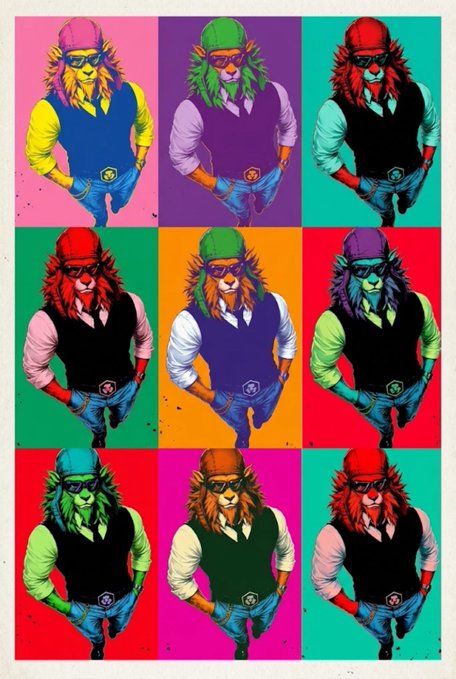 Pop-art style illustration featuring a 3x3 grid of nine variations of a lion character wearing sunglasses, a cap, vest, and jeans, rendered in a Warhol-inspired colorful poster aesthetic.