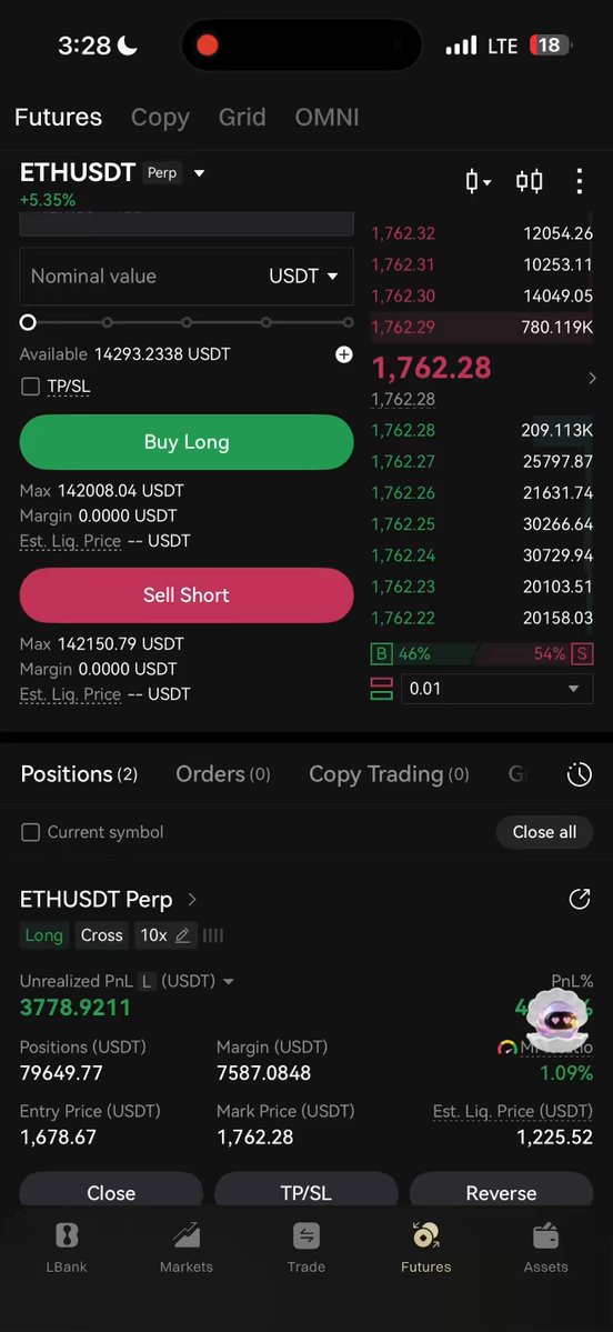 The image shows a screenshot of an email from a cryptocurrency investor that says "My ethusd position is showing a profit of 176,000I won't close it until I make 300,000I'm saying it straight up The claim is bold, no way it'll drop 1200 and liquidate me You'll see". The post seems to be discussing the gains made from investing in Ether. The image also shows various financial data and prices as well as a table showing historical trading information.