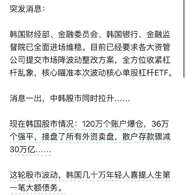 A Chinese text post discussing breaking news about the Korean Ministry of Finance, Financial Services Commission, Bank of Korea, and Financial Supervisory Service stepping in to stabilize the market due to leverage chaos in single-stock ETFs, with 1.2 million accounts liquidated and 300,000 young Koreans taking on debt.