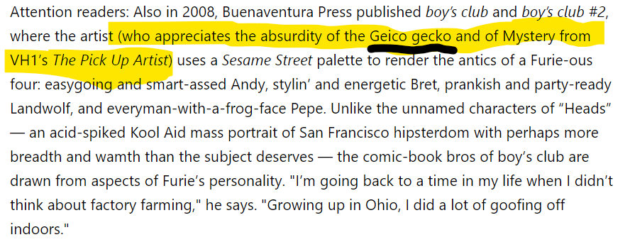 A text excerpt about Buenaventura Press's 'boy's club' publications, with a highlighted passage referencing the Geico gecko, 'Mystery from VH1's The Pick Up Artist', and a 'Sesame Street palette'.