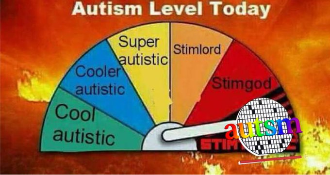 The image features a "Autism Level Today" gauge meter reminiscent of the "Buff Level Today" meme, with a needle pointing to "Stimgod" and the ticker "AUTSM" displayed in the bottom right. This relates to the post about "$AUTSM levels off the charts" by humorously using the gauge to emphasize the cryptocurrency's supposedly peak autism level.