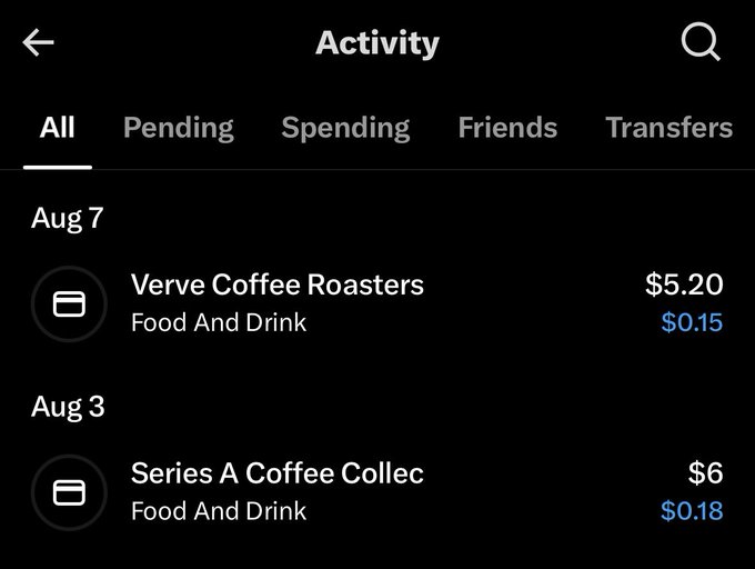 A Venmo activity screen displays two coffee-related transactions: $5.20 at Verve Coffee Roasters (Aug 7, earning $0.15) and $6 at Series A Coffee Collec (Aug 3, earning $0.18), showing small cashback rewards that could offset coffee purchases as part of the "side quest" of paying for coffee with X Money earnings.