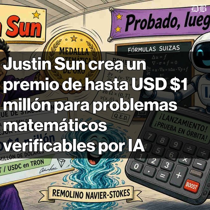 A cartoon illustration depicting characters, a medal, a calculator, and a swirling blue vortex labeled "REMOLINO NAVIER-STOKES," with Spanish text stating "Justin Sun crea un premio de hasta USD $1 millón para problemas matemáticos verificables por IA."
