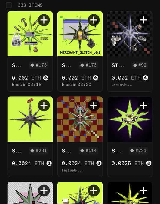 An NFT marketplace interface displaying 333 items, featuring various glitch-art style star-shaped digital collectibles priced between 0.002 and 0.0025 ETH, including one labeled 'MERCHANT_GLITCH_v01' and another titled 'PARANORMAL ACTIVITY'.