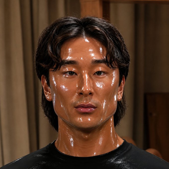 Portrait of an Asian man with glossy, wet-look skin and medium-length dark hair wearing a black shirt, posed against a warm-toned curtain background.