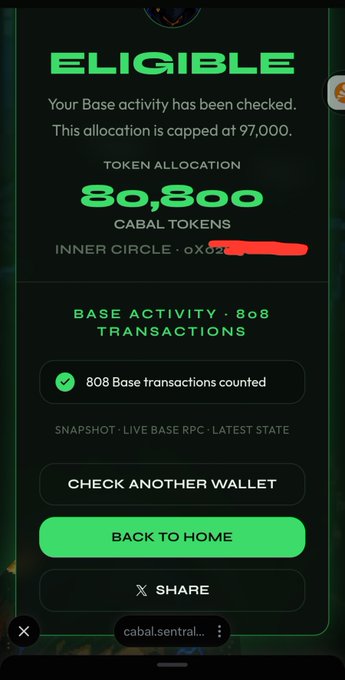 A mobile screenshot showing 'ELIGIBLE' status for a Cabal token allocation of 80,800 CABAL TOKENS based on 808 Base transactions counted, with options to check another wallet or return home.