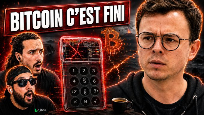 The image features the text "BITCOIN C'EST FINI" alongside a man with glasses looking concerned and two men looking shocked at a cracked hardware wallet, all set against a dramatic background with a Bitcoin symbol. This visually represents the urgent warning about Bitcoin's vulnerability and potential danger discussed in the accompanying post.
