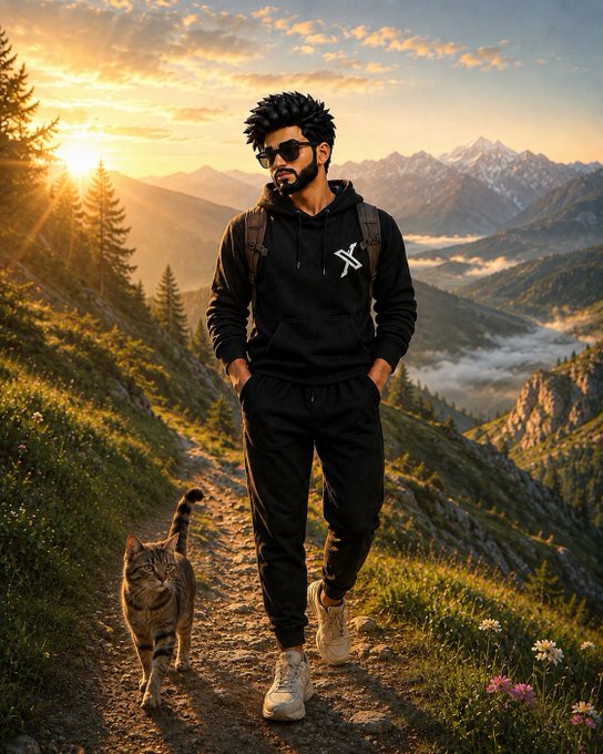 A man wearing a black hoodie with an "X" logo walks along a mountain trail at sunrise alongside a tabby cat, capturing the peaceful, adventurous vibe of starting a new day. The scenic sunrise hike pairs perfectly with a "Gm Everyone" morning greeting, symbolizing a fresh start and the call to plan an inspiring day ahead.