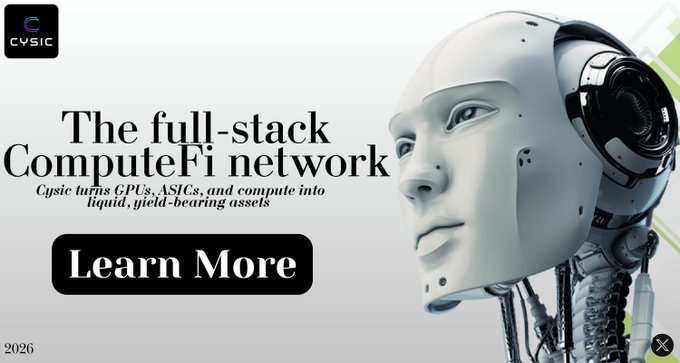The image is a promotional banner for Cysic Network, featuring a white humanoid robot with visible mechanical components alongside text reading "The full-stack ComputeFi network—Cysic turns GPUs, ASICs, and compute into liquid, yield-bearing assets" with a "Learn More" button. The robotic imagery visually reinforces the post's theme about powering resource-intensive AI computations and zero-knowledge proof generation, suggesting Cysic as the infrastructure solution bridging raw compute power with verifiable, transparent blockchain-based services.