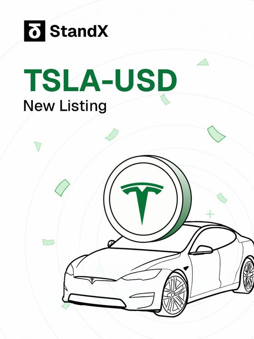 The image features a black and white line drawing of a car with a green Tesla logo, which is the main focus of the image. The text "TSLA-USD" is written above the car, indicating that this is related to Tesla stock trading or cryptocurrency. The image also includes a caption that reads "New listing", suggesting that there might be new information about the stock or cryptocurrency being discussed.