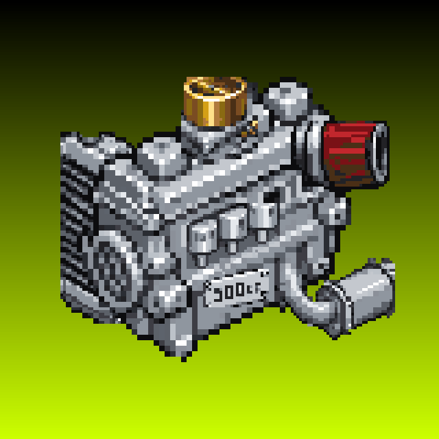 A pixel art rendering of a car engine labeled "300 LF" with a gold oil cap and red component, visually representing the "5555 engine engine" NFT collection being promoted with free mint and whitelist information.