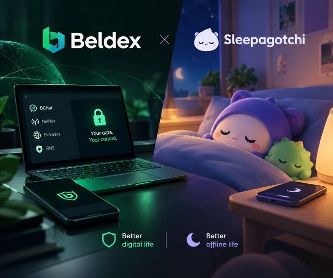 A collaboration banner between Beldex and Sleepagotchi featuring a laptop displaying Beldex apps and a cute character sleeping in a bed under a starry sky, with the text "Better digital life" and "Better offline life".