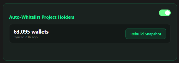 The image features a screenshot of a tab that has a green button with a white border, located at the bottom left corner. The text "@OrbisOnSOL" appears above the button. Below this text, there are several lines of code written in black font, indicating that this is part of an Auto-Whitelist Project Holders feature. The post in question discusses how to add 63k wallets to a project holder.