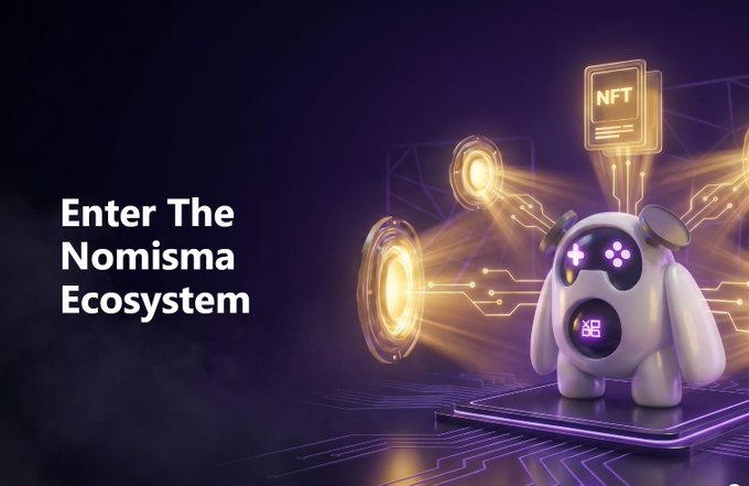 A futuristic white robot with glowing purple eyes and an "X" symbol on its chest stands on a circuit board platform, surrounded by holographic coins and an "NFT" display, with the text "Enter The Nomisma Ecosystem" on the left. The image visually represents the post's message about Nomisma Network building open, decentralized infrastructure, contrasting its accessible approach with artificial friction and gated access used by other projects.