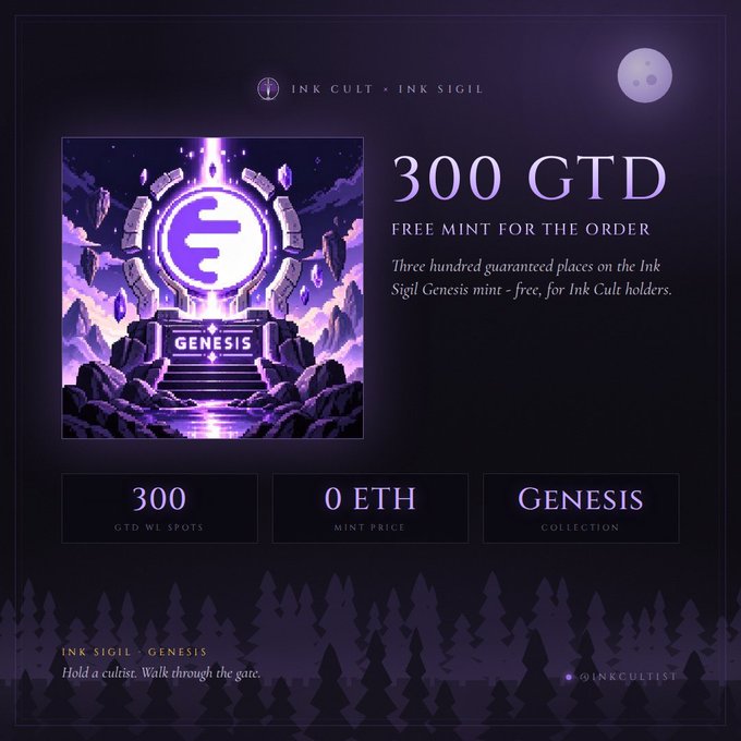 A promotional graphic for 'INK CULT x INK SIGIL' advertising a '300 GTD' free mint for the Genesis collection at 0 ETH, featuring a mystical portal illustration.