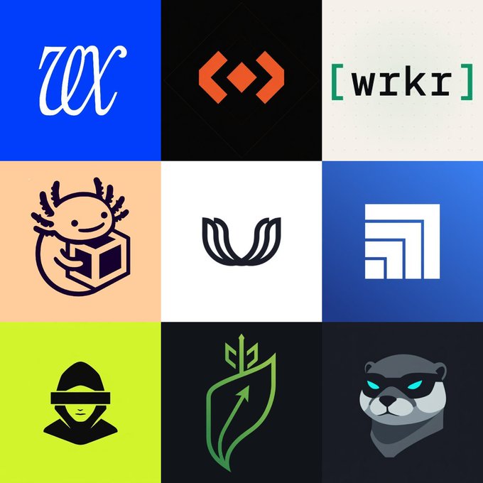 A 3x3 grid of nine crypto and AI project logos, including stylized text logos for "vex" and "[wrkr]", alongside graphic logos featuring a GitHub-like octocat, a lotus flower, a geometric "a" symbol, a hooded figure, a green leaf, and a masked bear head. The varied collection of branded icons visually showcases the range of AI-related projects referenced in the post, including VEX ($VEX) and Crowcompute AI ($CC).