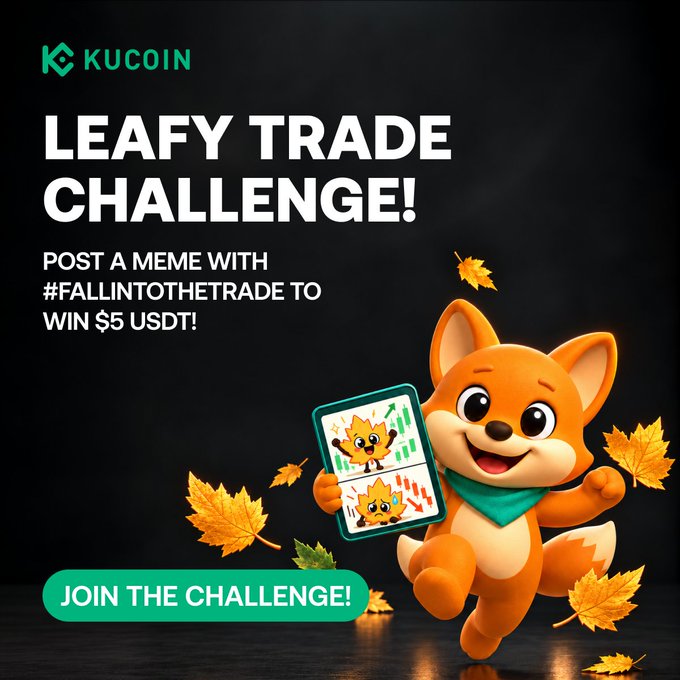 A KuCoin promotional graphic features a cheerful cartoon fox holding a trading chart amid falling autumn leaves. Text reads “LEAFY TRADE CHALLENGE!,” “POST A MEME WITH #FALLINTHETRADE TO WIN $5 USDT!,” and “JOIN THE CHALLENGE!,” matching the accompanying autumn-themed meme contest to win 5 USDT and tag @kucoincom with #FallIntoTheTrade.