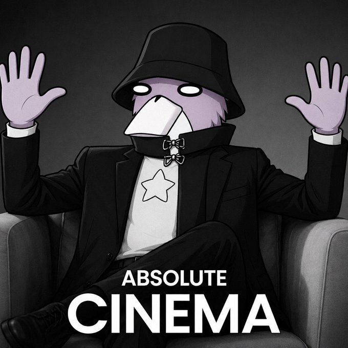A cartoon purple bird-like character in a black suit, bucket hat, and bowtie sits in a chair with arms raised, with bold text reading 'ABSOLUTE CINEMA' below.