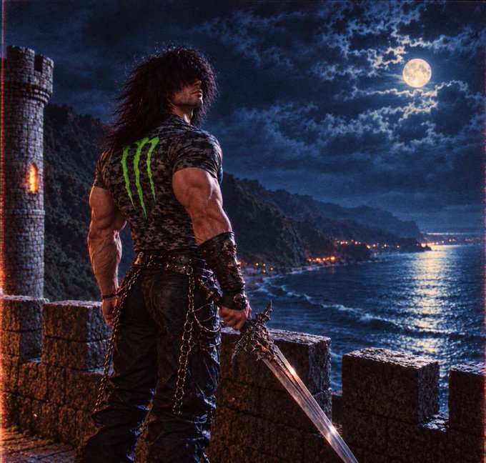 A muscular warrior with wild dark hair stands on a moonlit castle wall, gazing out over a coastal landscape while holding a large sword and wearing a black shirt with the green Monster Energy logo. The image's dark, dramatic fantasy aesthetic and the figure's "diamond hands" gripping a weapon tie into the post's message about holding strong through the night.