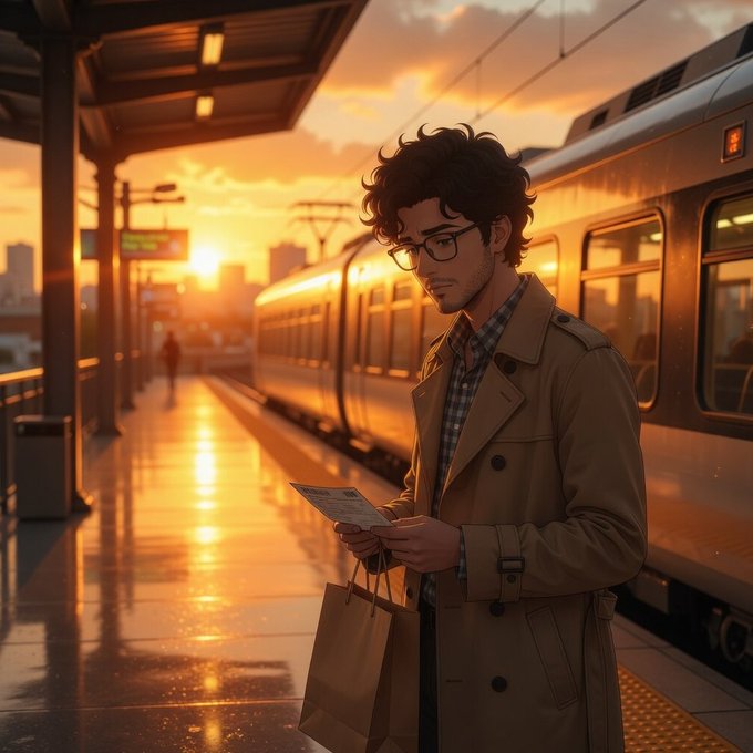 The image features a man standing at a train station with his handbag by his side, reading something out of his bag while waiting for the train. The train station seems well-maintained and organized, giving off a clean and orderly atmosphere. The man's attire includes glasses and a beige trench coat, adding to the overall casual yet smart appearance. The scene captures a moment in daily life where people are engaging with technology, specifically reading content from their bags while waiting for public transportation like trains or subways.