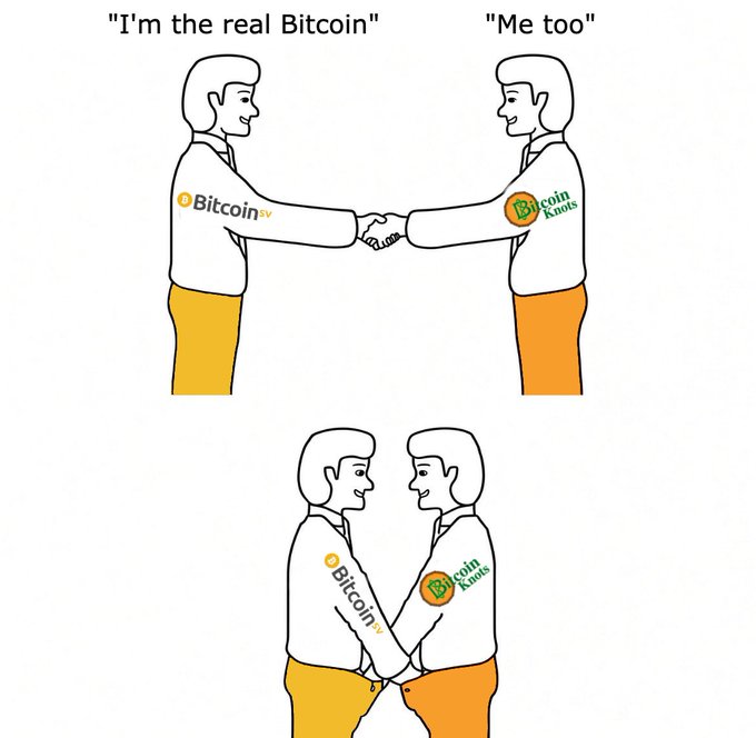 A cartoon meme depicting two figures shaking hands, with one labeled 'I'm the real Bitcoin' (Bitcoin SV) and the other 'Me too' (Bitcoin Knots), which then shows them shaking hands in a suggestive lower-body manner.