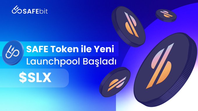 The image shows a blue background with white text that says "Safebit" at the top of the screen. Below this, there are three coins floating in the air, each one colored purple. The text below reads "SAFE TOKEN ITE YENI LANGUAGE", which is likely an advertisement for a cryptocurrency launchpool named "Safebit". The image also includes a link to the Safebit website and a message encouraging users to lock up their tokens for seven days to take advantage of new listing opportunities.