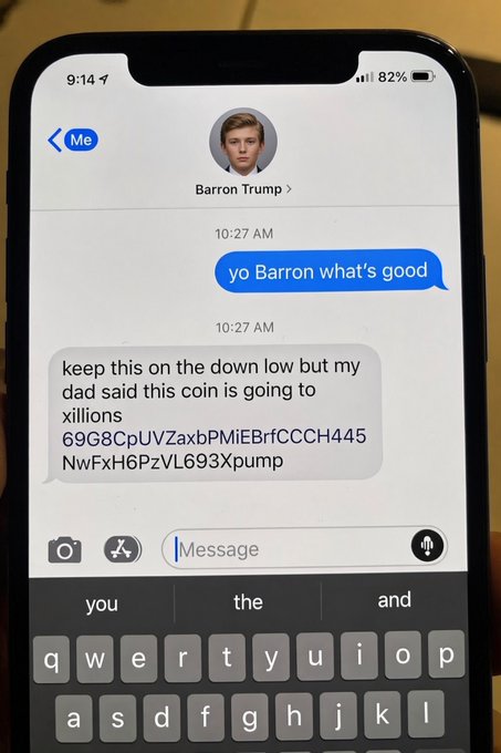A phone screenshot of a text message conversation with 'Barron Trump' containing a suspicious message about a crypto coin 'going to xillions' with a contract address ending in 'Xpump'.