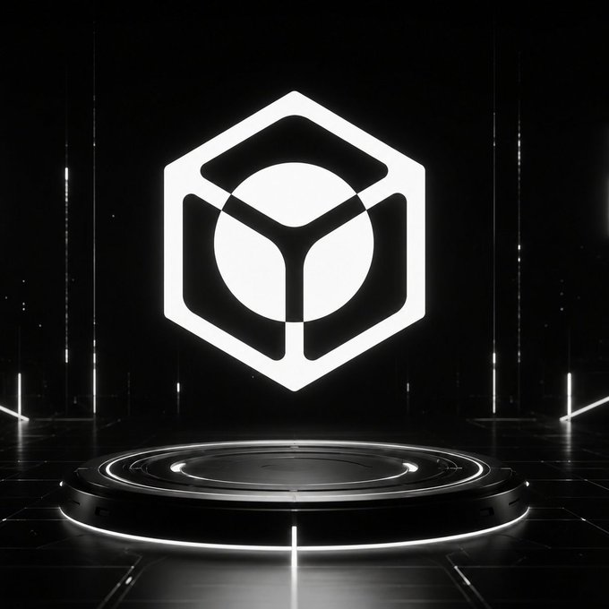 A white hexagonal logo with a circular and triangular emblem, displayed on a futuristic black platform with glowing neon lines.