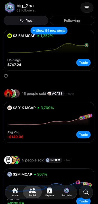 A mobile screenshot of the OpenSea app showing recent trades of meme coin tokens ($ACATS up 3,700% and $INDEX up 307%) by other users, illustrating how traders can observe and quickly ape into trending tokens directly from the app.