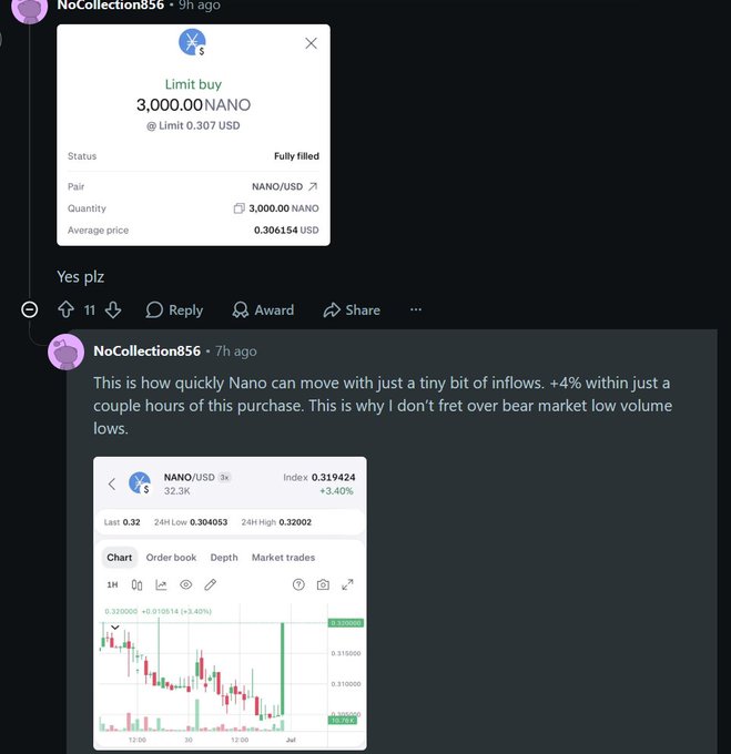 Reddit post from NoCollection856 showing a limit buy of 3,000 NANO at ~0.307 USD (fully filled at 0.306154 USD avg), with a follow-up comment showing NANO/USD up +3.40% (+4% within hours).