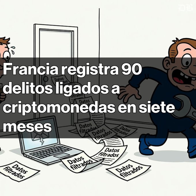 A graphic showing a cartoon thief stealing data with Spanish text reading 'Francia registra 90 delitos ligados a criptomonedas en siete meses'.