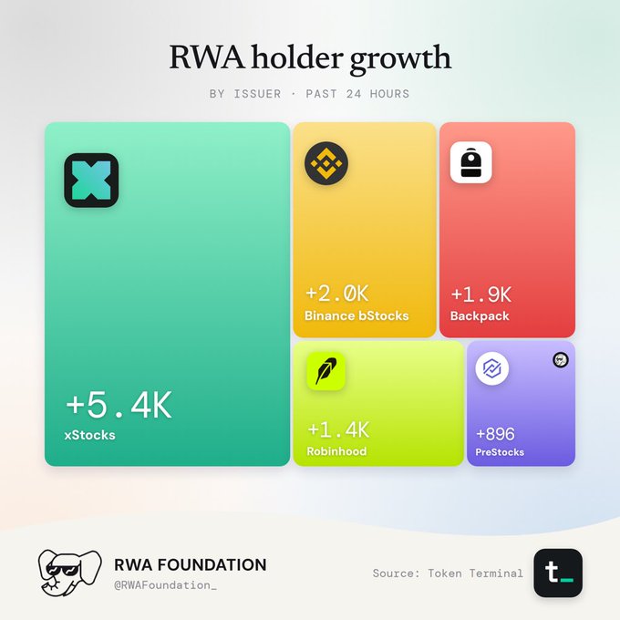 RWA Foundation infographic showing 'RWA holder growth by issuer past 24 hours' led by xStocks (+5.4K), followed by Binance bStocks (+2.0K), Backpack (+1.9K), Robinhood (+1.4K), and PreStocks (+896).