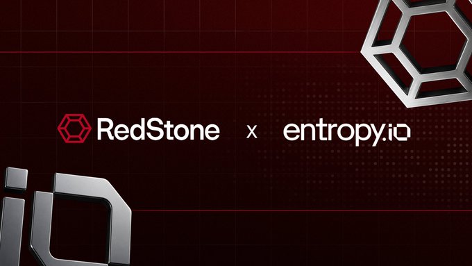 The image displays a promotional graphic with a dark red background featuring geometric hexagonal and block designs, showing the "RedStone x entropy.io" branding to announce their partnership. This visual represents the collaboration between RedStone (as the data oracle layer) and Entropy.io in powering the newly launched HIP-3 perpetual contracts on Hyperliquid for Anthropic's pre-IPO and SNDK markets.