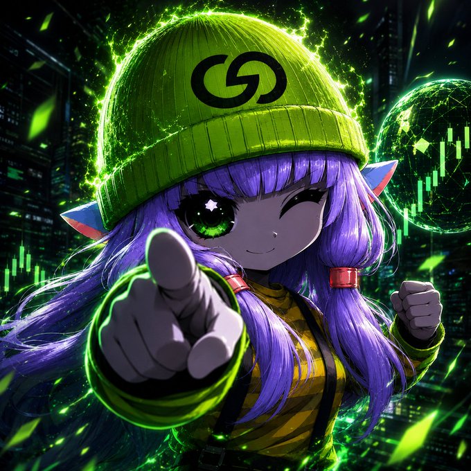 An anime-style character with purple hair, a green beanie featuring the GRVT logo, and pointed ears points confidently at the viewer against a green-tinted digital cityscape, with a "GRVT" candlestick chart globe beside her—celebrating the project's launch on July 21.