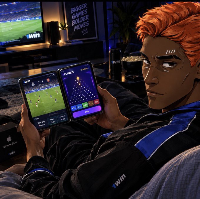 Anime-style illustration of a character with orange hair watching two phones displaying the 1win app, showing a soccer match and Plinko game.