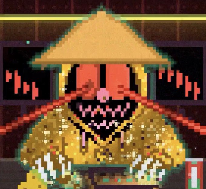 Pixel art image of a menacing figure in a yellow pointed hat with a glowing, smiling face, featuring red bar charts in the background.