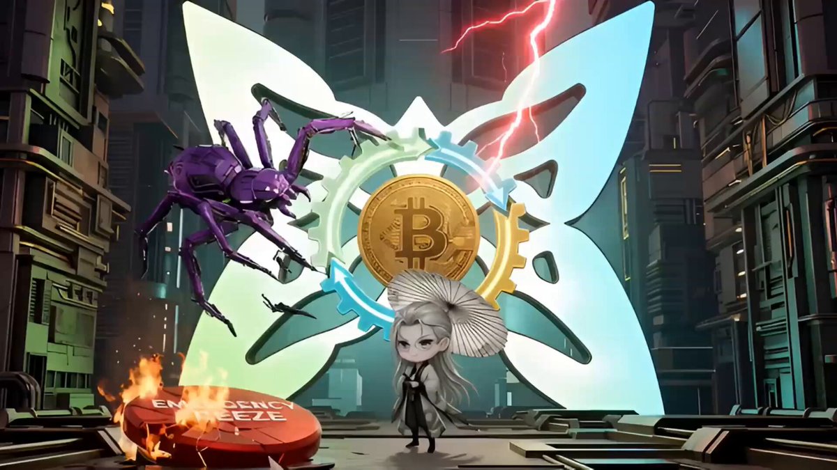 The image features a cartoon girl with long hair standing next to a butterfly, which has a coin attached to its back. The butterfly is surrounded by a cityscape filled with buildings and neon lights. In the background of the image, there are two red buttons labeled "Q-day for Bitcoin" and "@quipnetwork". These buttons appear to be part of an advertisement or promotional material related to Bitcoin.