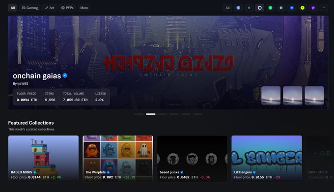 A screenshot of an NFT marketplace displaying the 'onchain gaias' collection by tatsuki2 with a floor price of 0.0004 ETH, alongside featured collections including BASED MINIS, The Warplets, Based punks, and Lil Bangers.