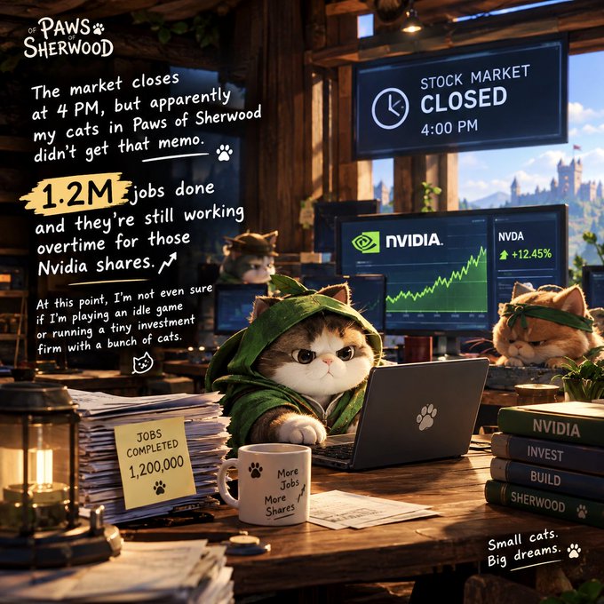 A whimsical digital illustration titled 'Paws of Sherwood' showing cats working overtime on a laptop with NVIDIA stock charts, text reading '1.2M jobs done' and 'STOCK MARKET CLOSED 4:00 PM'.