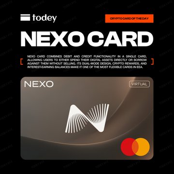 The image showcases the Nexo Card, labeled "Crypto Card of the Day" by Todey, featuring its sleek virtual design with a MasterCard logo. The accompanying text highlights the card's dual-mode functionality, allowing users to spend crypto or borrow against it without selling, along with benefits like up to 2% cashback and interest on eligible balances.