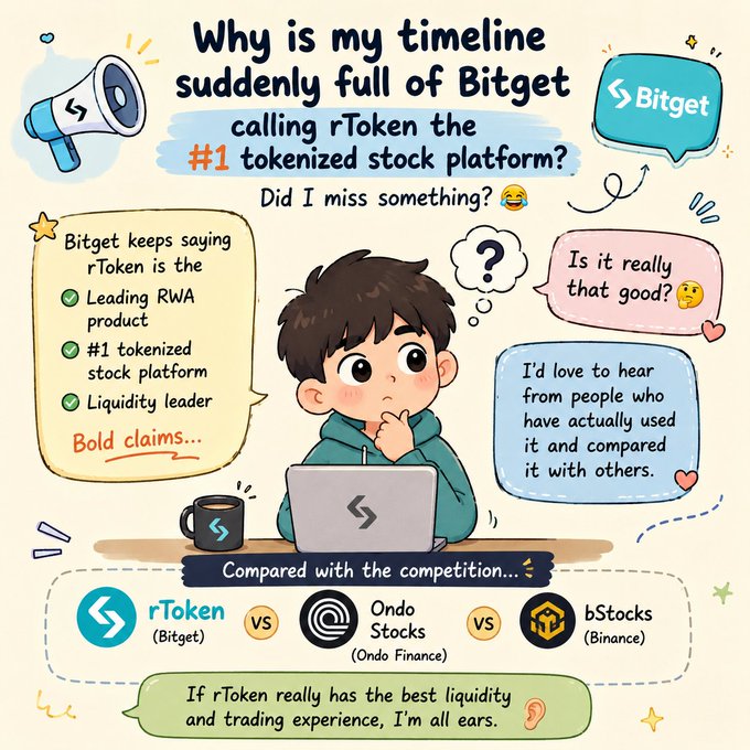 A cartoon-style graphic asking why Bitget's rToken is being called the #1 tokenized stock platform, comparing rToken (Bitget), Ondo Stocks (Ondo Finance), and bStocks (Binance).