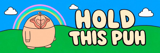 A cartoon illustration features a round peach-colored character with a heart on its chest standing before a rainbow, with text reading 'HOLD THIS PUH'.